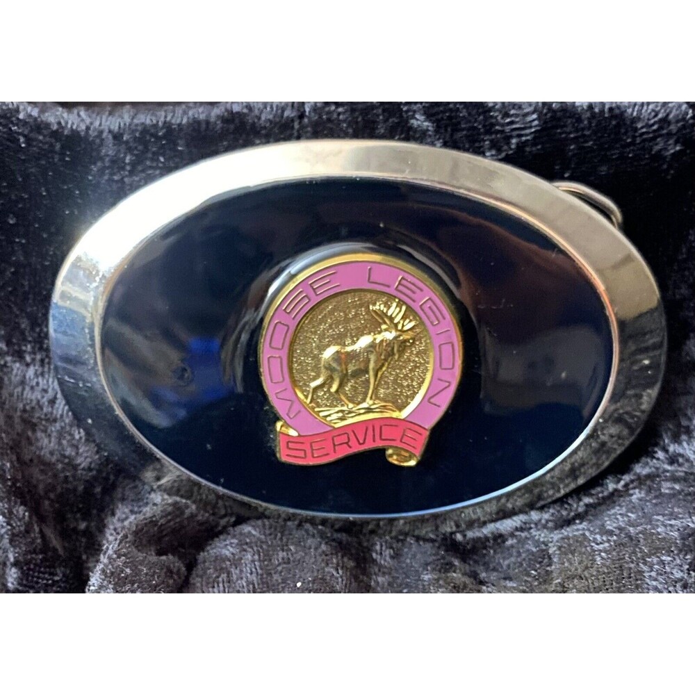 Vtg Moose Legion Service Belt Buckle Oval Plated Chrome Gold Tone & Enamel Fills